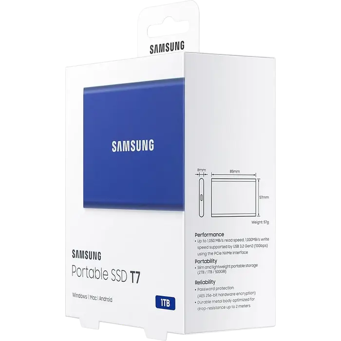 Внешний портативный SSD накопитель Samsung T7 1 ТБ Синий