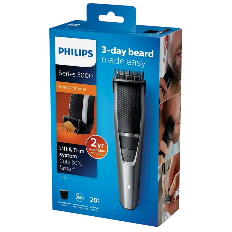 Мужской Триммер Philips Beardtrimmer Series 3000 Серебристый | Черный