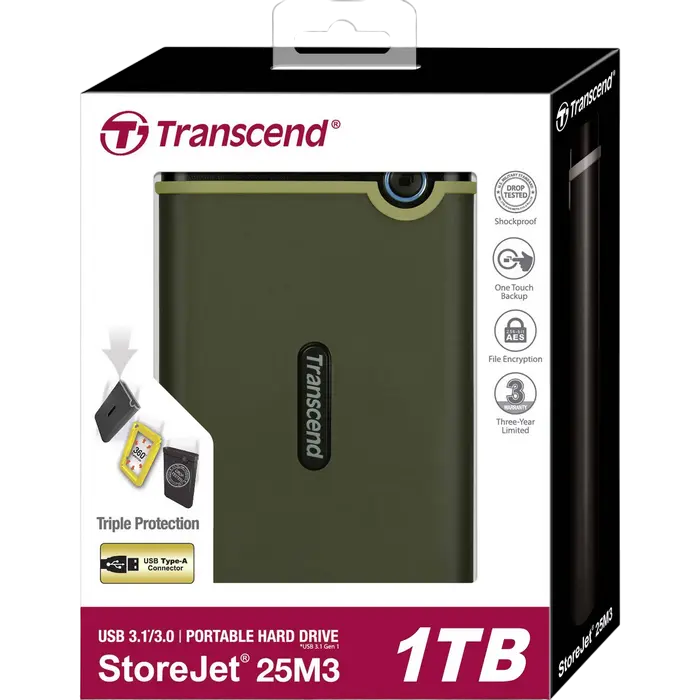 Внешний портативный жесткий диск Transcend StoreJet 25M3G 1 ТБ Military Green