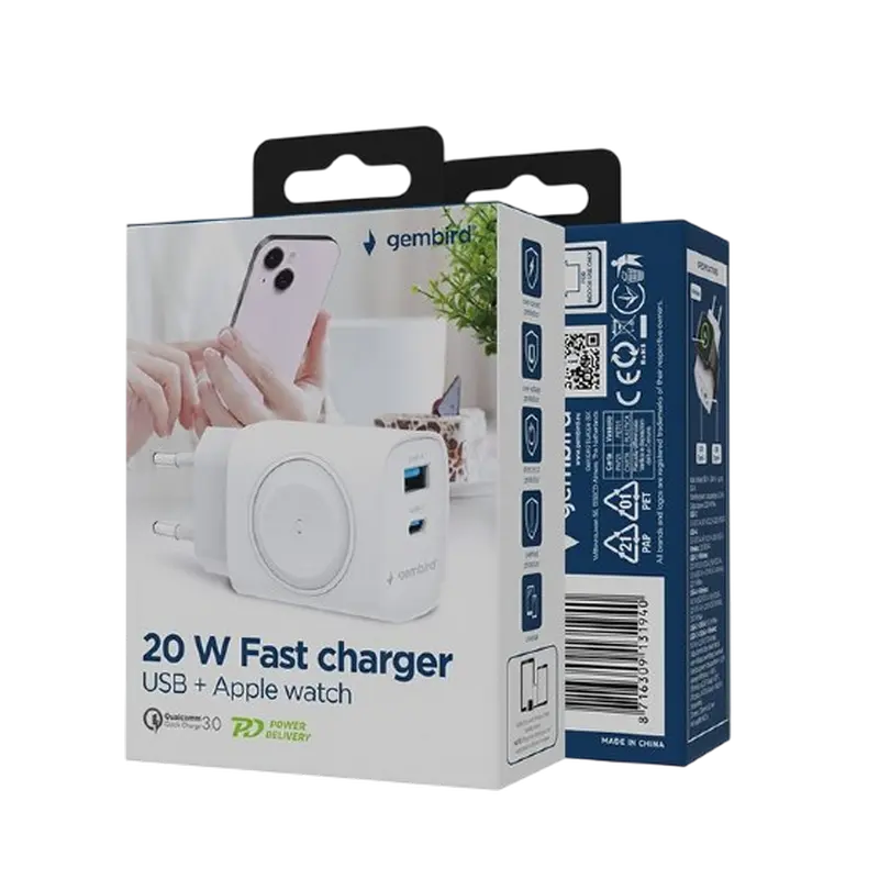 Încărcător Gembird 2-port + Wireless Charging Apple Watch Alb