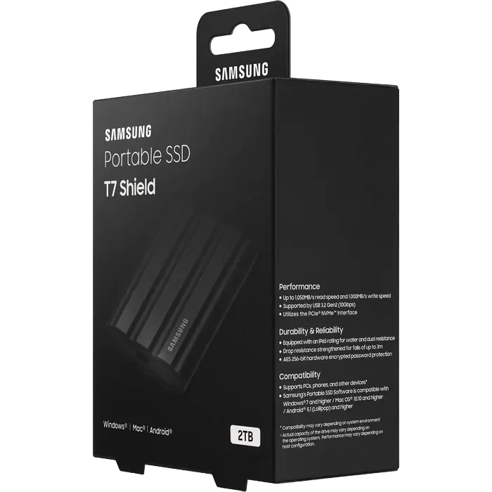 Внешний портативный SSD накопитель Samsung T7 Shield 2 ТБ Чёрный