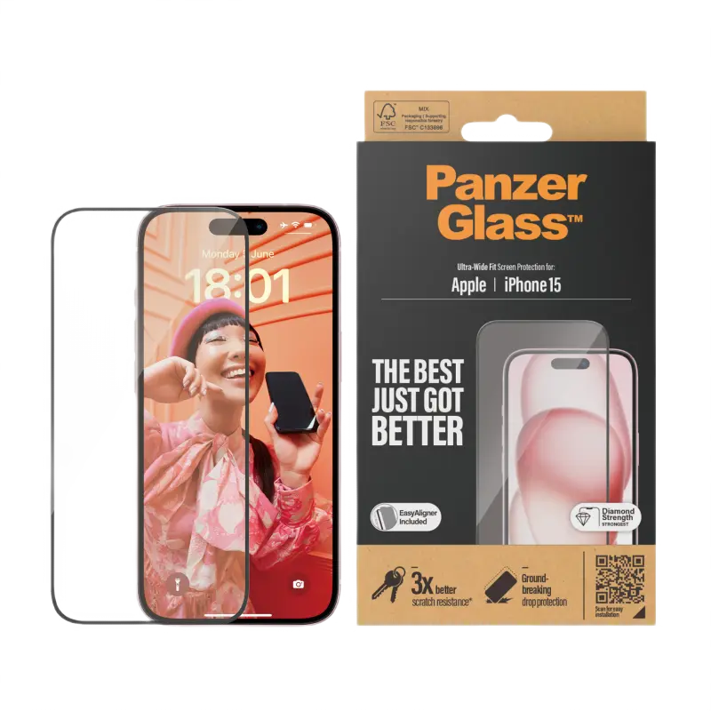 Защитное стекло PanzerGlass Apple iPhone 15 Ultra-Wide Fit w. EasyAligner UWF Прозрачный