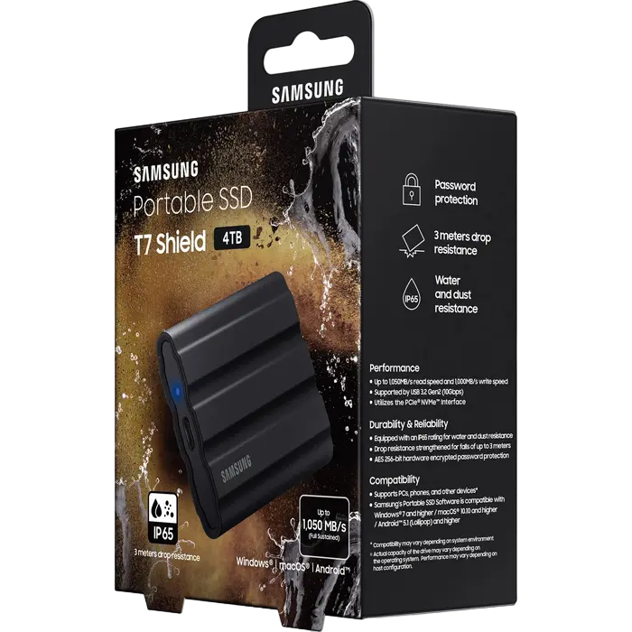 Внешний портативный SSD накопитель Samsung T7 Shield 4 ТБ Чёрный