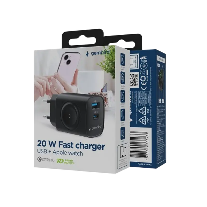 Încărcător Gembird 2-port + Wireless Charging Apple Watch Negru