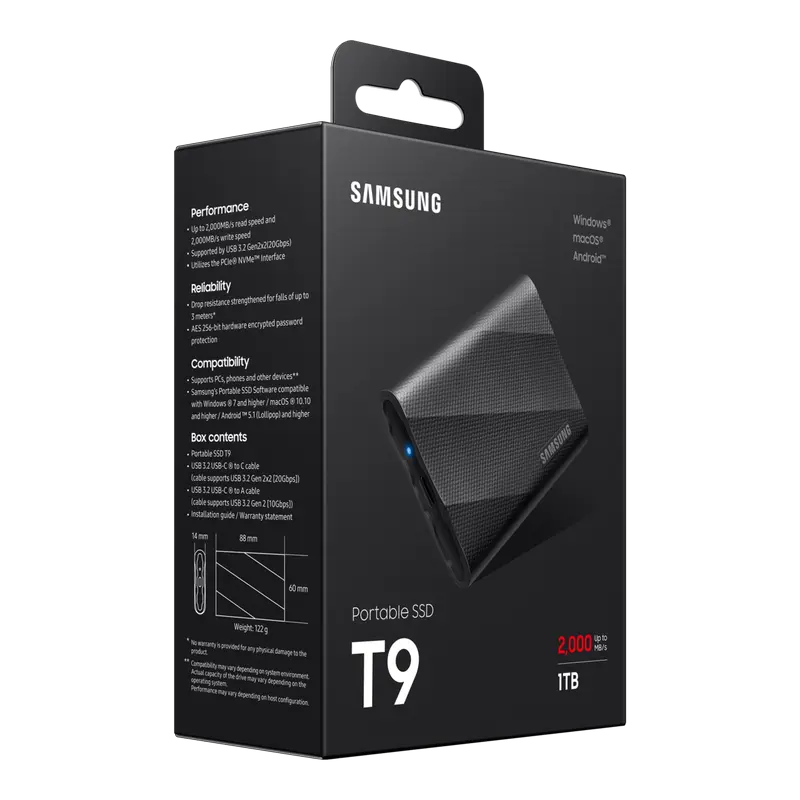 Внешний портативный SSD накопитель Samsung T9 1 ТБ Чёрный