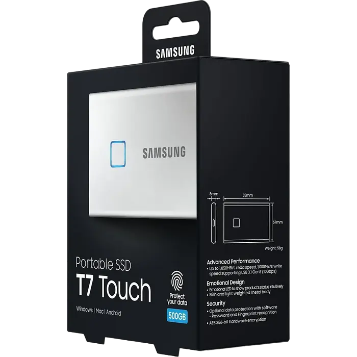 Внешний портативный SSD накопитель Samsung T7 Touch 500 ГБ Серебристый