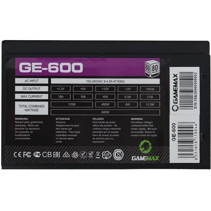 Tip Блок питания для компьютеров Gamemax GE-600 ATX Черный