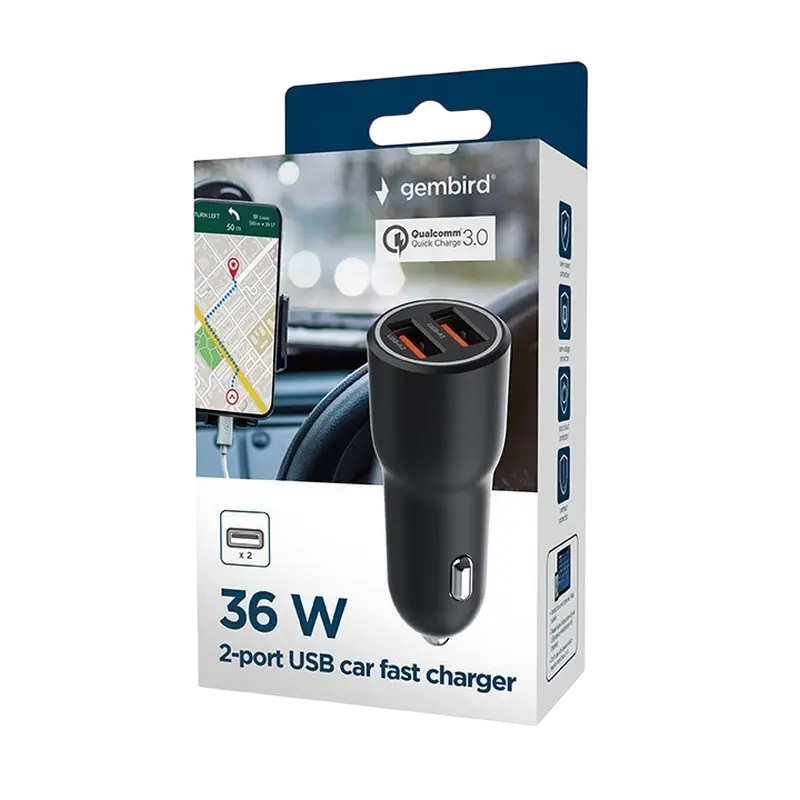 Incărcător auto Gembird TA-UC-A2QC36-CAR-01 Negru