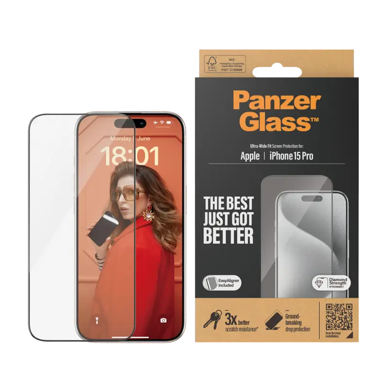 Защитное стекло PanzerGlass Apple iPhone 15 Pro Ultra-Wide Fit w. EasyAligner UWF Прозрачный