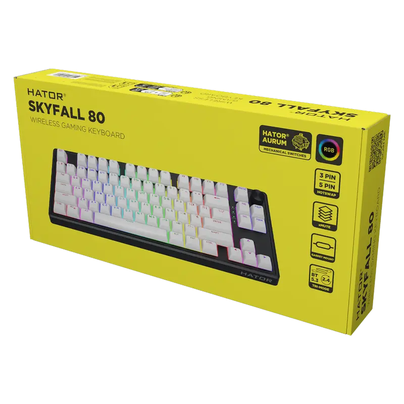 Tastatură HATOR Skyfall 80, Cu fir / Fără fir, Negru | Alb