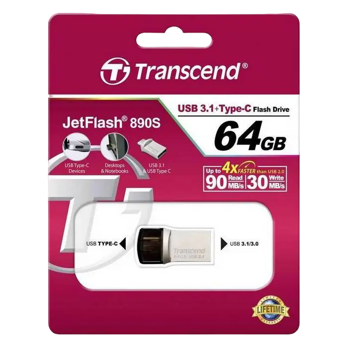 USB Flash накопитель Transcend JetFlash 890 64ГБ Серебристый