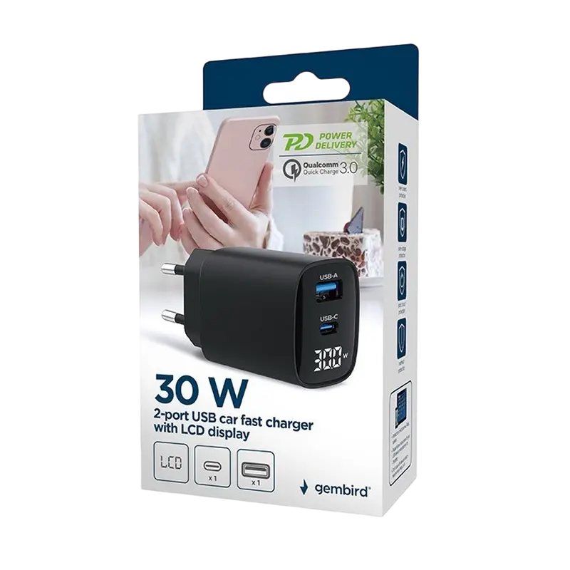 Încărcător Gembird TA-UC-PDQC30LCD-BK-01 Negru