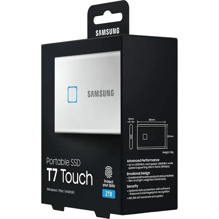 Внешний портативный SSD накопитель Samsung T7 Touch 2 ТБ Серебристый