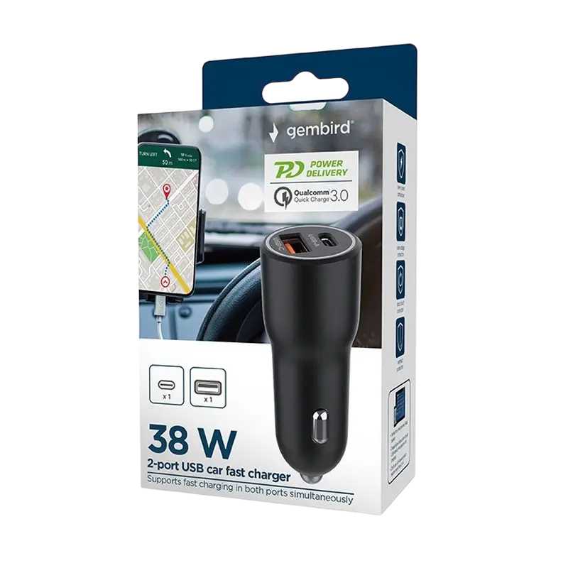 Incărcător auto Gembird TA-UC-AC2PDQC38-CAR-01 Negru