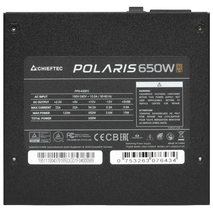 Tip Блок питания для компьютеров Chieftec PPS-650FC Polaris Series ATX Черный