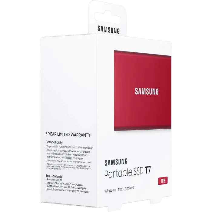 Внешний портативный SSD накопитель Samsung T7 1 ТБ Красный