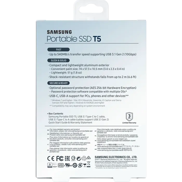 Внешний портативный SSD накопитель Samsung T5 500 ГБ Синий
