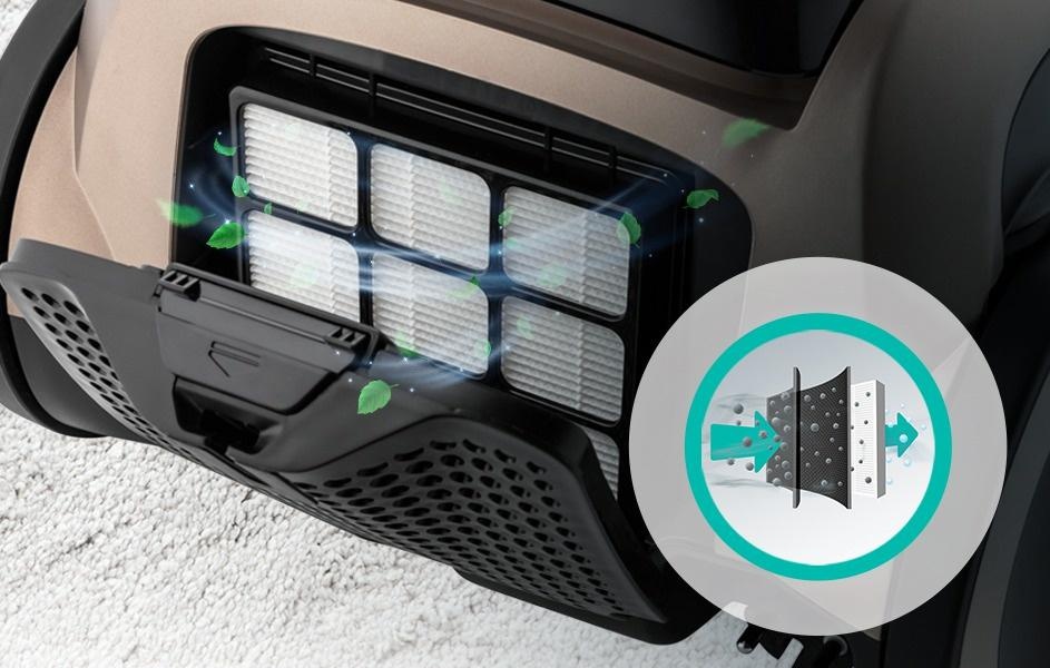 Otwarta tylna klapa odkurzacza Gorenje z filtrem HEPA (High Efficiency Particulate Air) i graficzną ikoną filtru